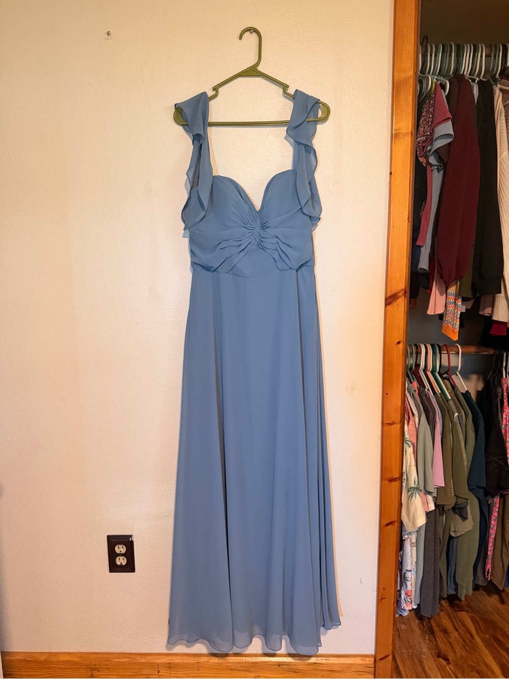 Mori Lee Dusty Blue Ruffle Strap Chiffon Maxi Dress